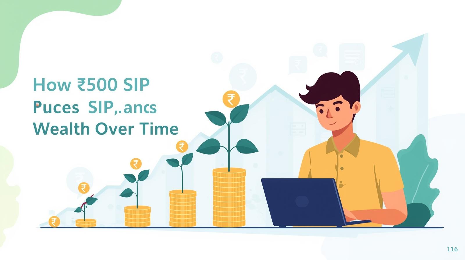 Illustration showing how a ₹500 monthly SIP investment grows over time through compounding and stock market growth.