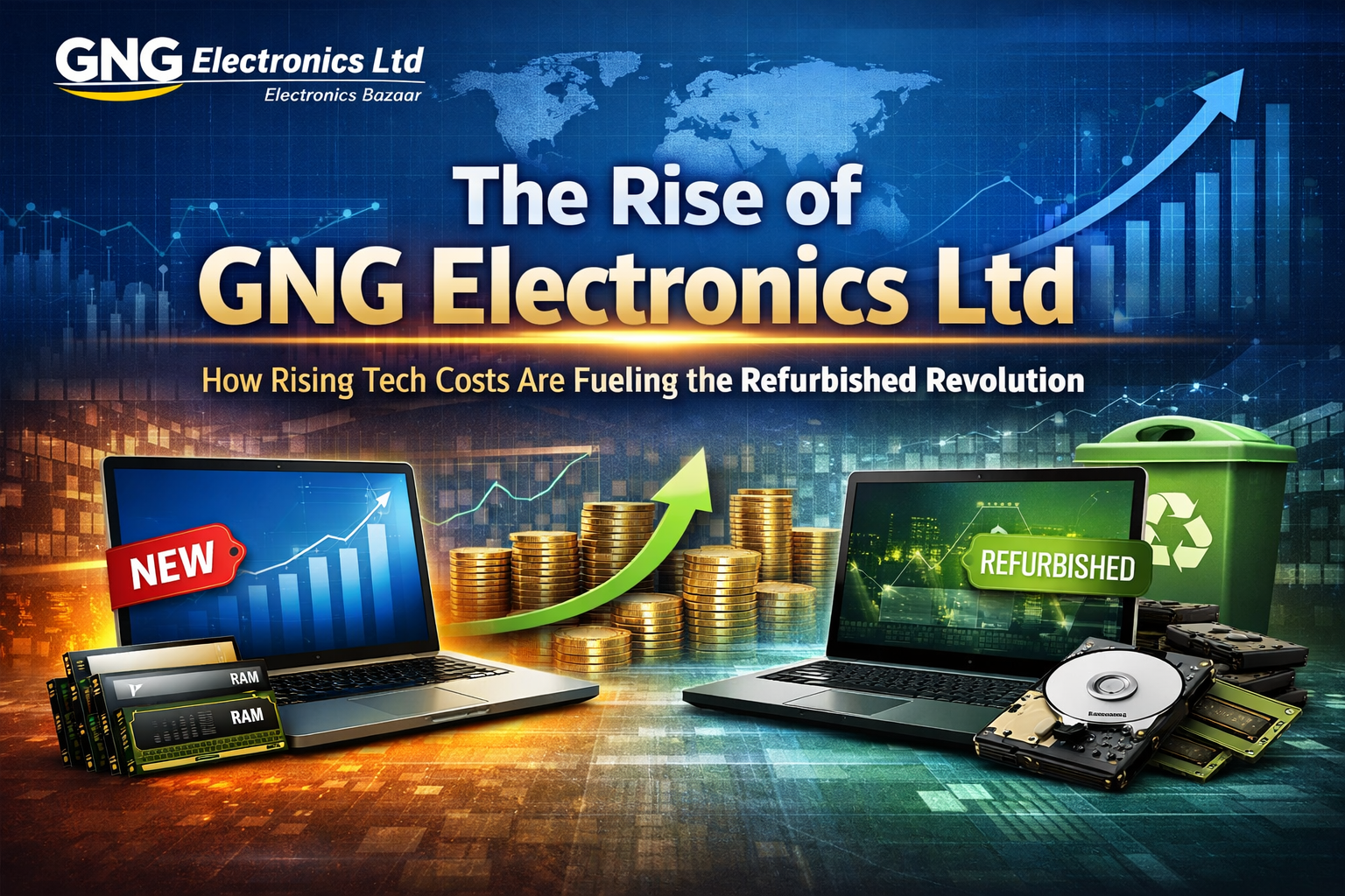 Illustration showing the growth of GNG Electronics Ltd and the rising demand for refurbished laptops due to increasing technology prices.